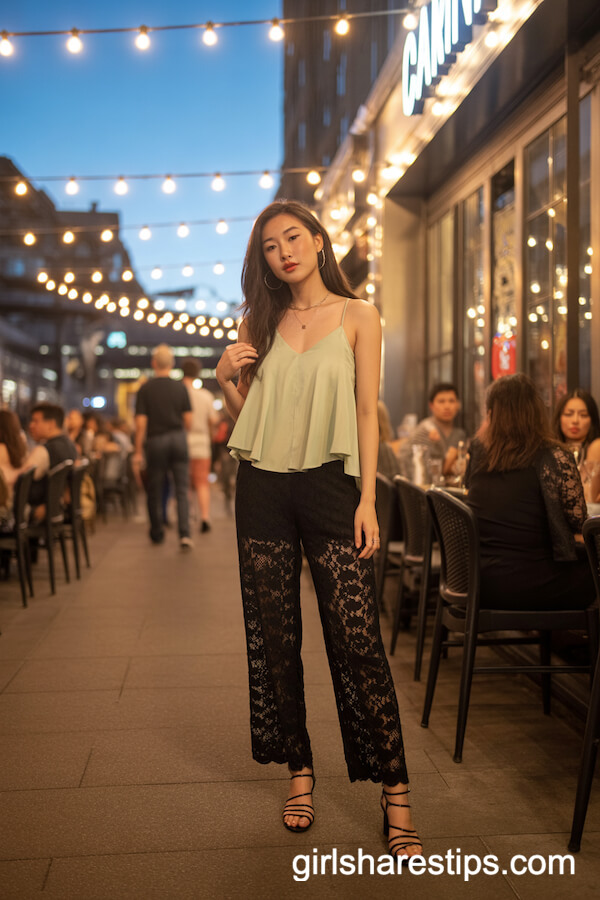 Pale Yellow Flowy Camisole with Black Lace Pants