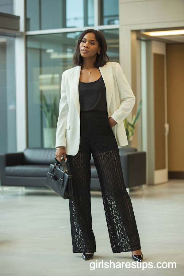 White Tailored Blazer with Wide Leg Black Lace Pants