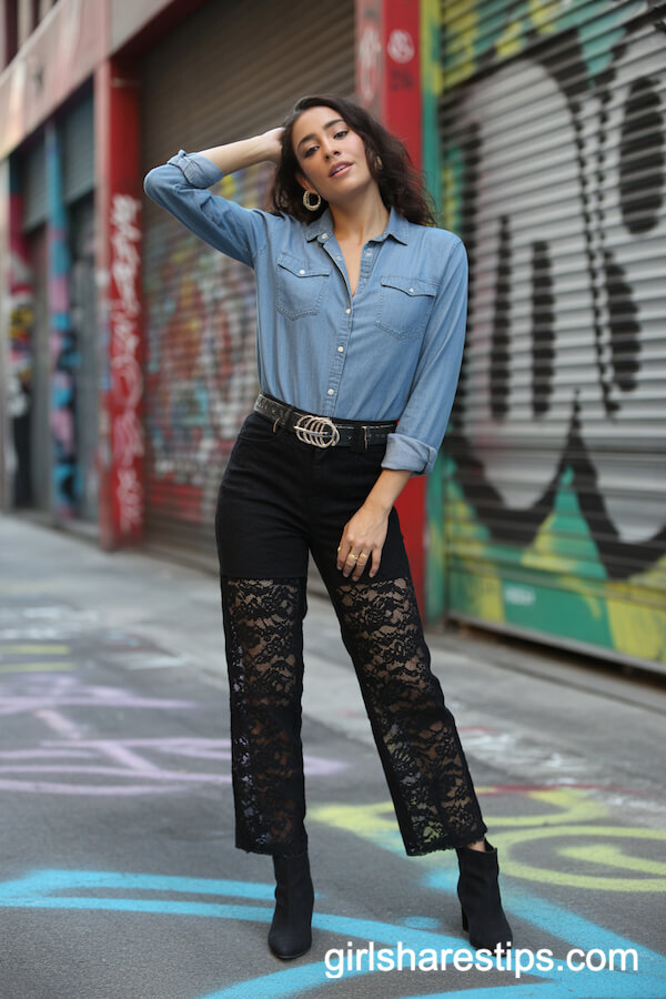 Chambray Denim Shirt with Black Lace Straight-Leg Pants
