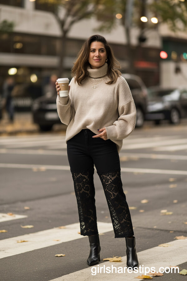 Chunky Cream Turtleneck Sweater with Black Lace Pants