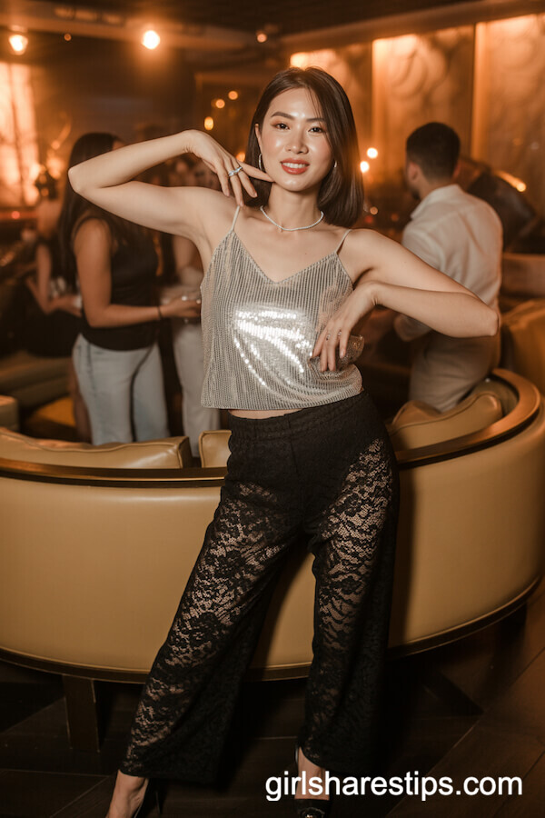 Silver Sequined Camisole with High-Waisted Black Lace Pants