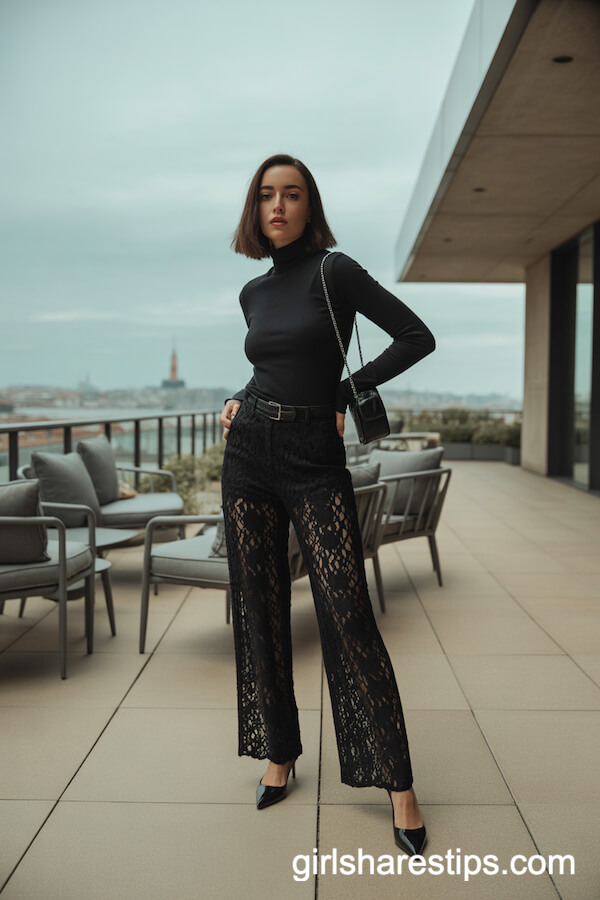 All-Black Ensemble with Wide Leg Lace Pants