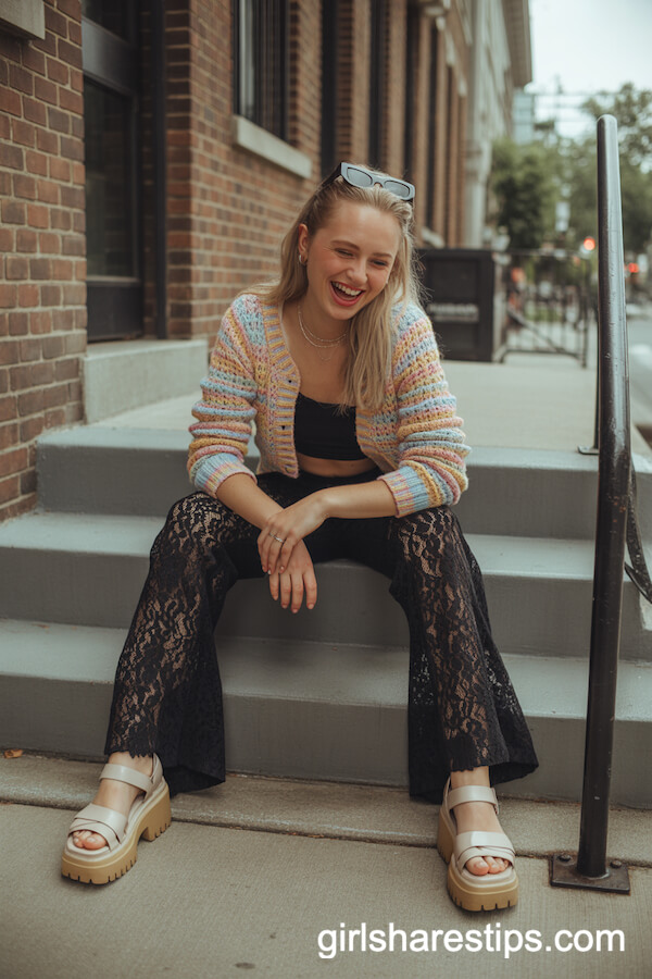 Pastel Cropped Cardigan with Black Flare Lace Pants