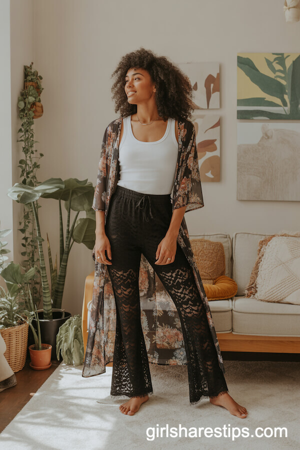 Floral Kimono with Black Lace Flare Pants