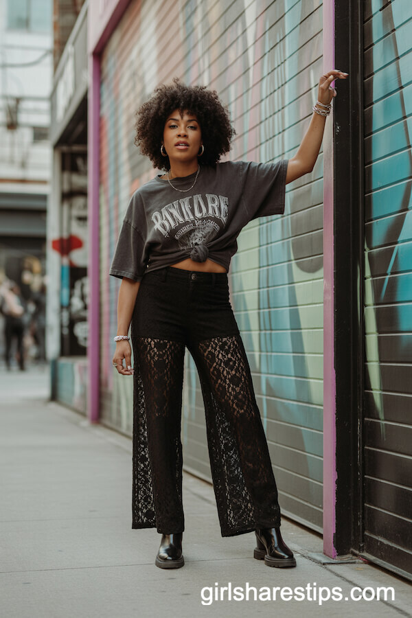 Vintage Band T-Shirt with Wide Leg Black Lace Pants
