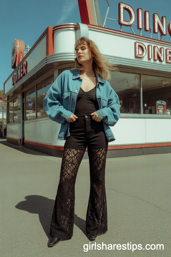 Oversized Denim Jacket with Flared Black Lace Pants