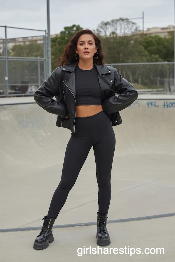 Edgy Moto Jacket and Black Leggings at the Skate Park