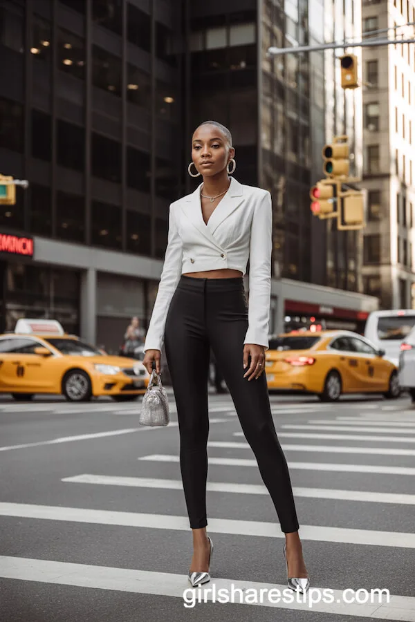 Blazer and Black Leggings for High-Fashion City Style