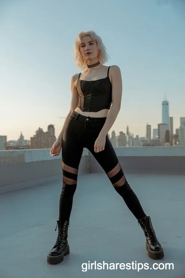 Rebellious Rooftop Style: Corset Top and Mesh Leggings