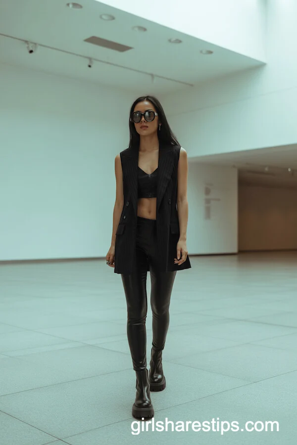 Art-Inspired Style: Black Leggings with Vest and Boots