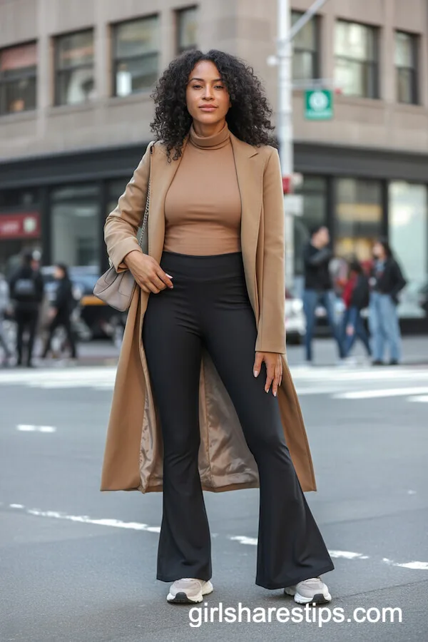 Flared Leggings with Camel Coat for City Chic