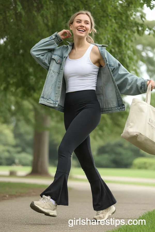 Outdoor Flare: Denim Jacket with Flared Yoga Leggings