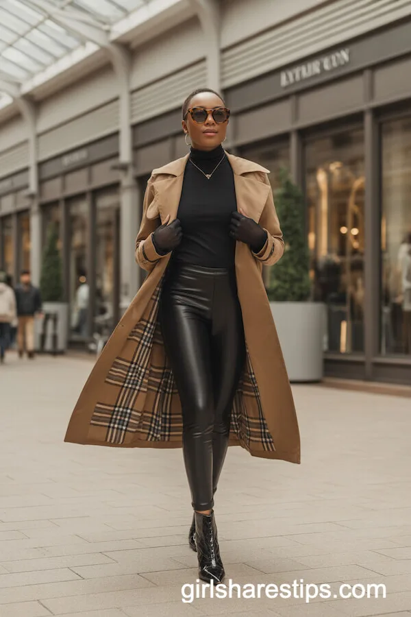 Luxe Shopping: Trench Coat and Black Leggings