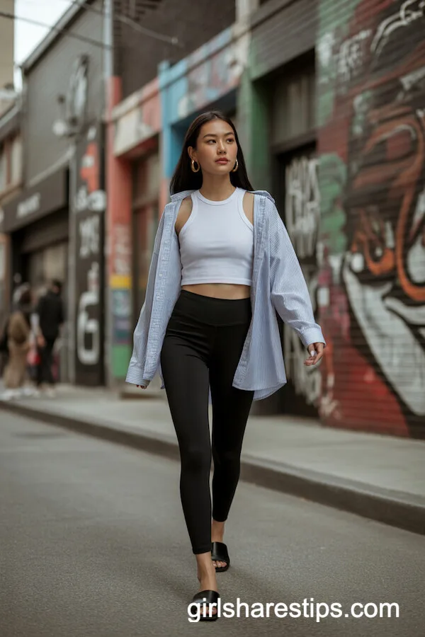 Minimalist Streetwear: Cropped Tank and Dad Shirt with Black Leggings