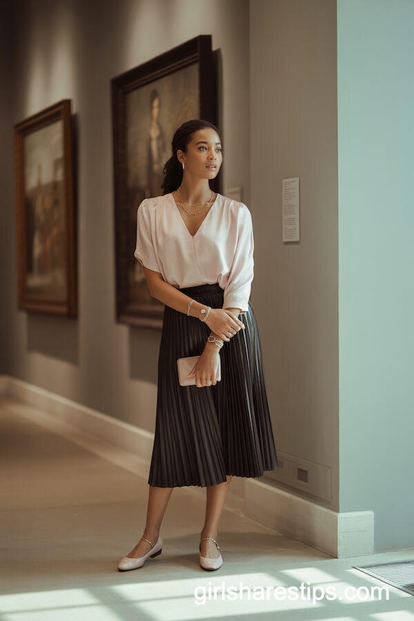 Pleated Black Skirt with Pale Pink Blouse