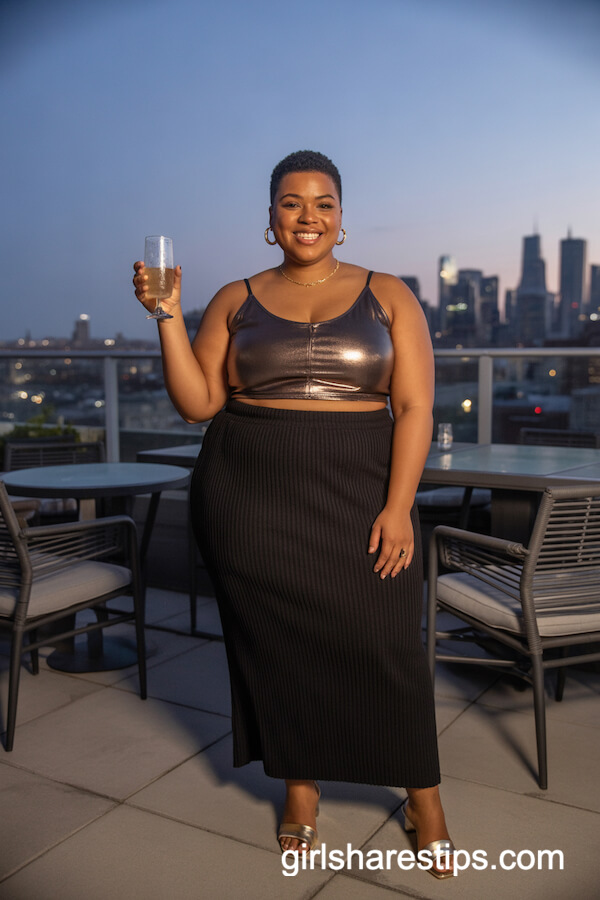 Ribbed Black Maxi Skirt with Metallic Cami Top