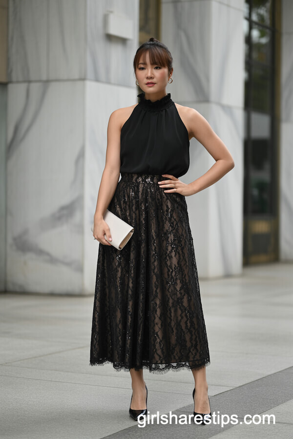 Full-Length Black Lace Skirt with Sleeveless High-Neck Top
