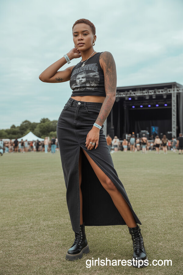 High-Waisted Black Maxi Denim Skirt with Cropped Graphic Tank