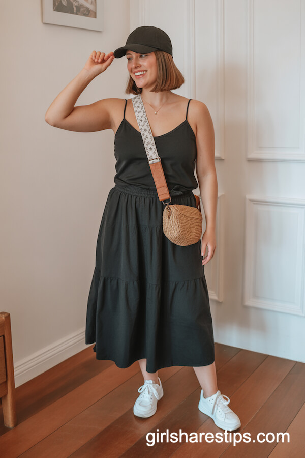Tiered Black Midi Skirt with Black Spaghetti Strap Camisole