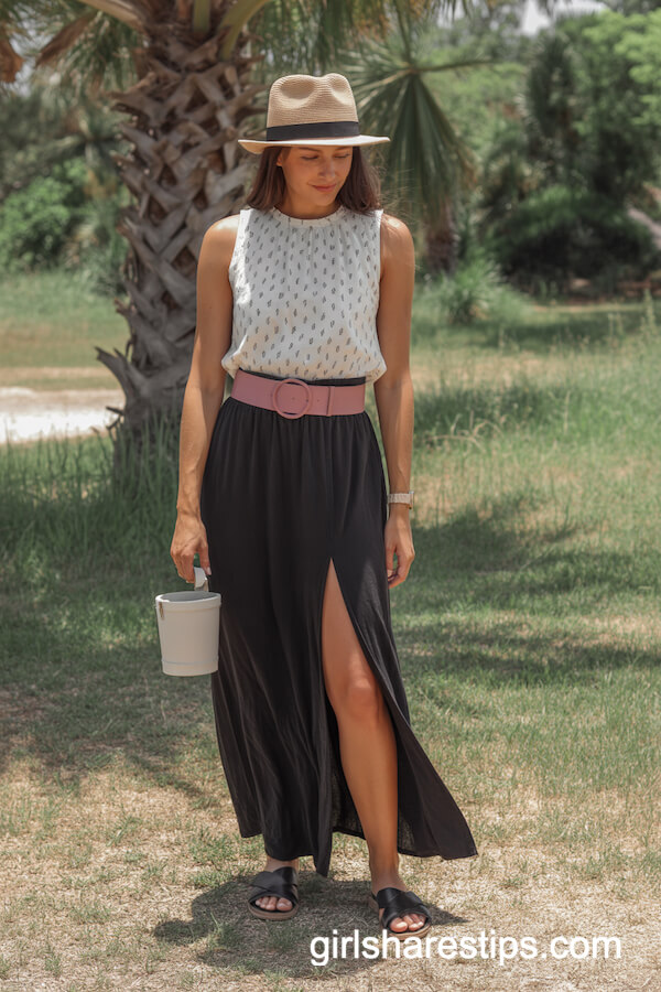 High-Rise Black Maxi Skirt with Side Slit and Pink Belt