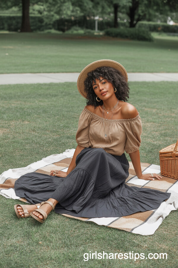 Black Long Boho Skirt with Tan Off-Shoulder Blouse