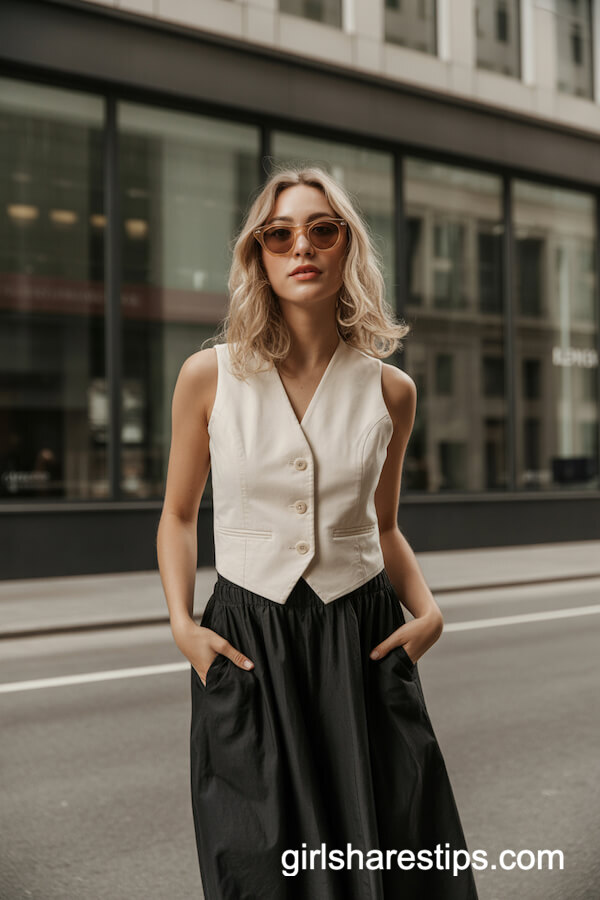 Flowy Black Maxi Skirt with Ivory Waistcoat Vest