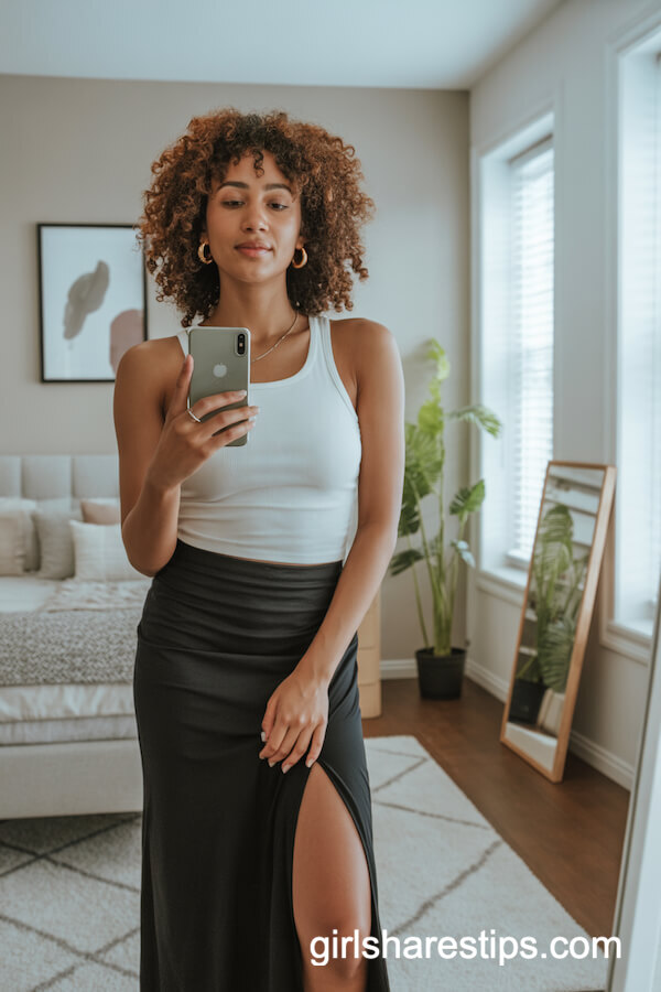 High-Slit Black Skirt with White Fitted Tank Top