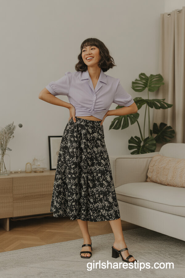 Calf-Length Black Skirt with White Floral Print