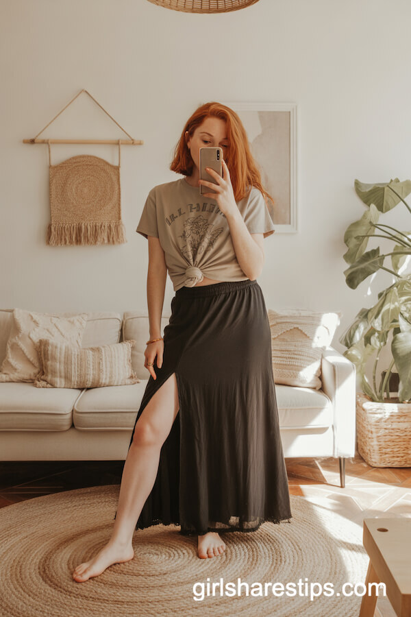 Casual Black Side-Slit Skirt with Knotted Graphic Tee
