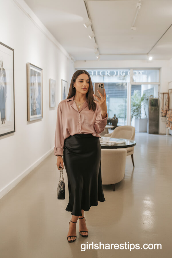 Black Silk Slip Skirt with Pink Satin Button-Down Shirt