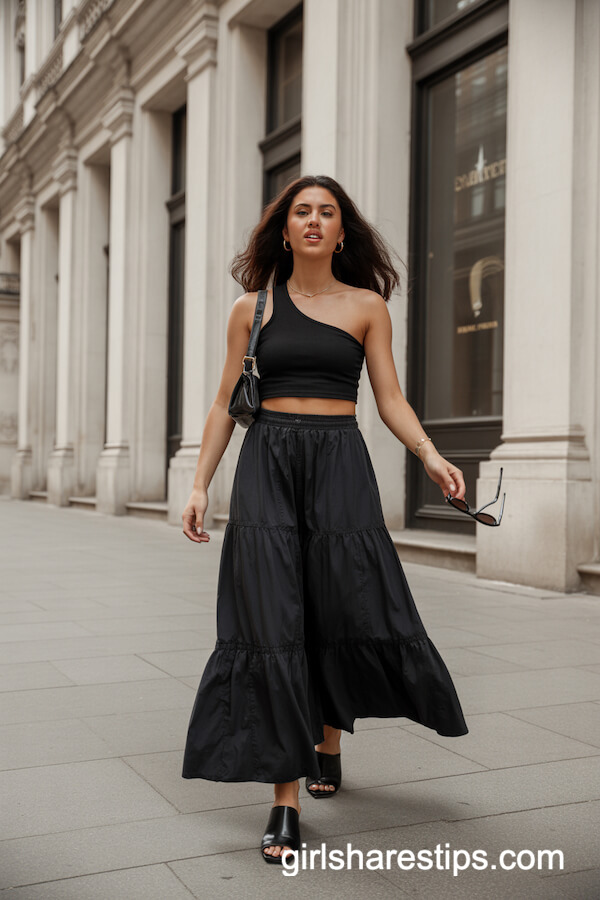 Tiered Ruffle Black Maxi Skirt with One-Shoulder Crop Top