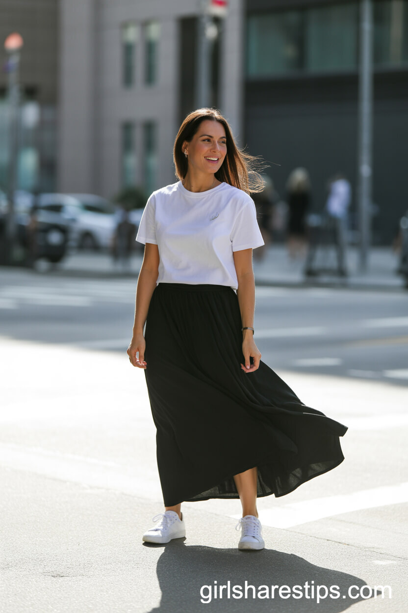 Classic White Tee and Sneakers with a Black Maxi Skirt