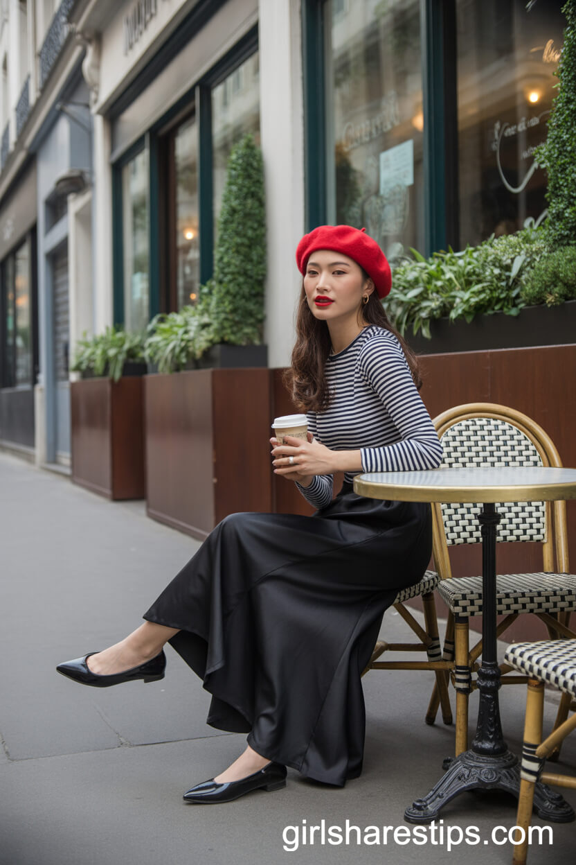 Parisian-Inspired Striped Top and Beret with a Satin Black Maxi Skirt