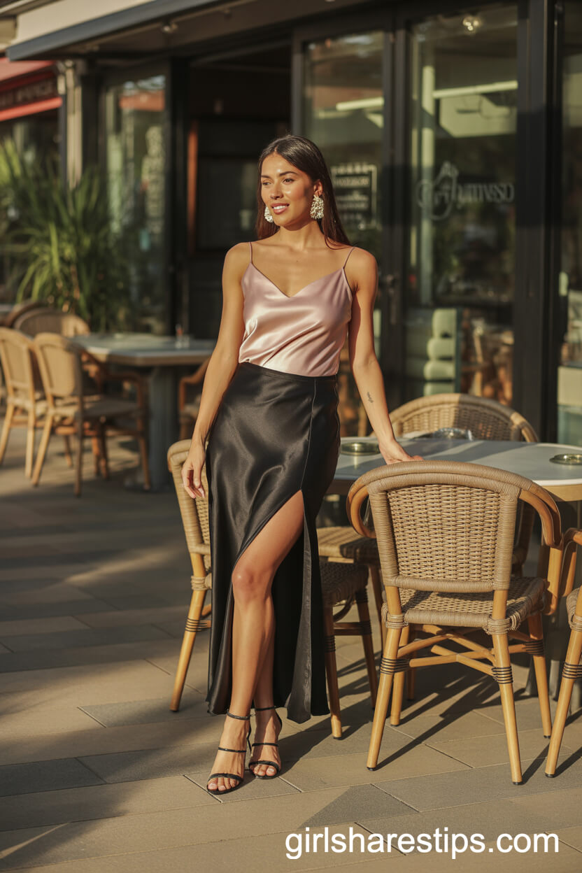 Date Night: Satin Camisole and Strappy Heels with a Silk Maxi Skirt