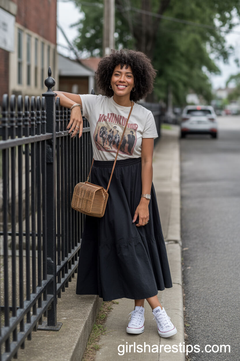 Vintage Band Tee Converse A-Line Black Maxi Skirt