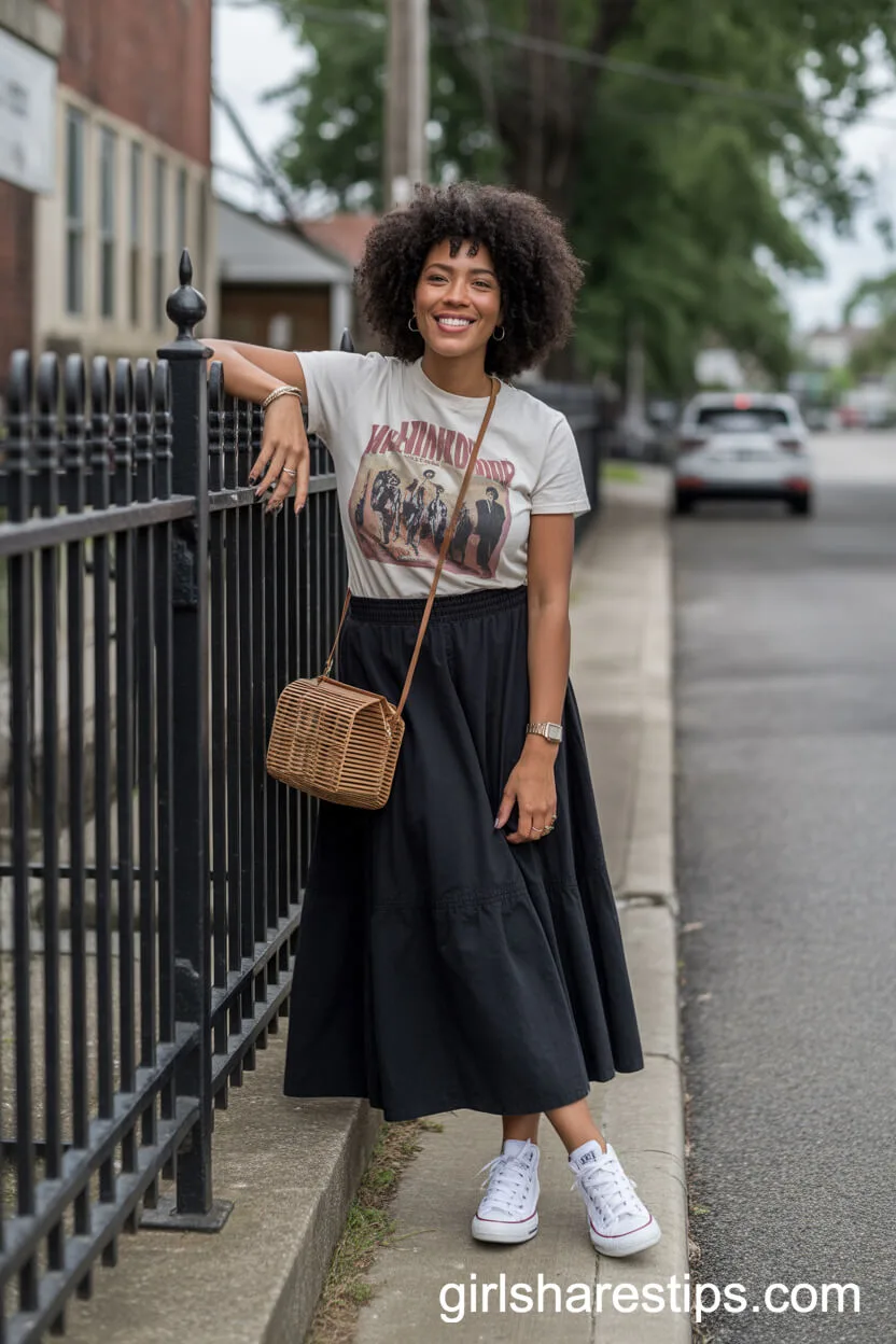 Vintage Band Tee Converse A-Line Black Maxi Skirt