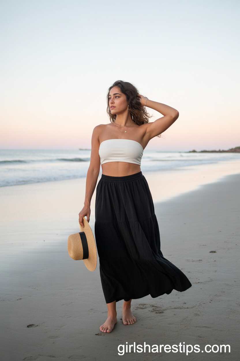 Beach Vibes: Bandeau Top and Flowing Black Maxi Skirt
