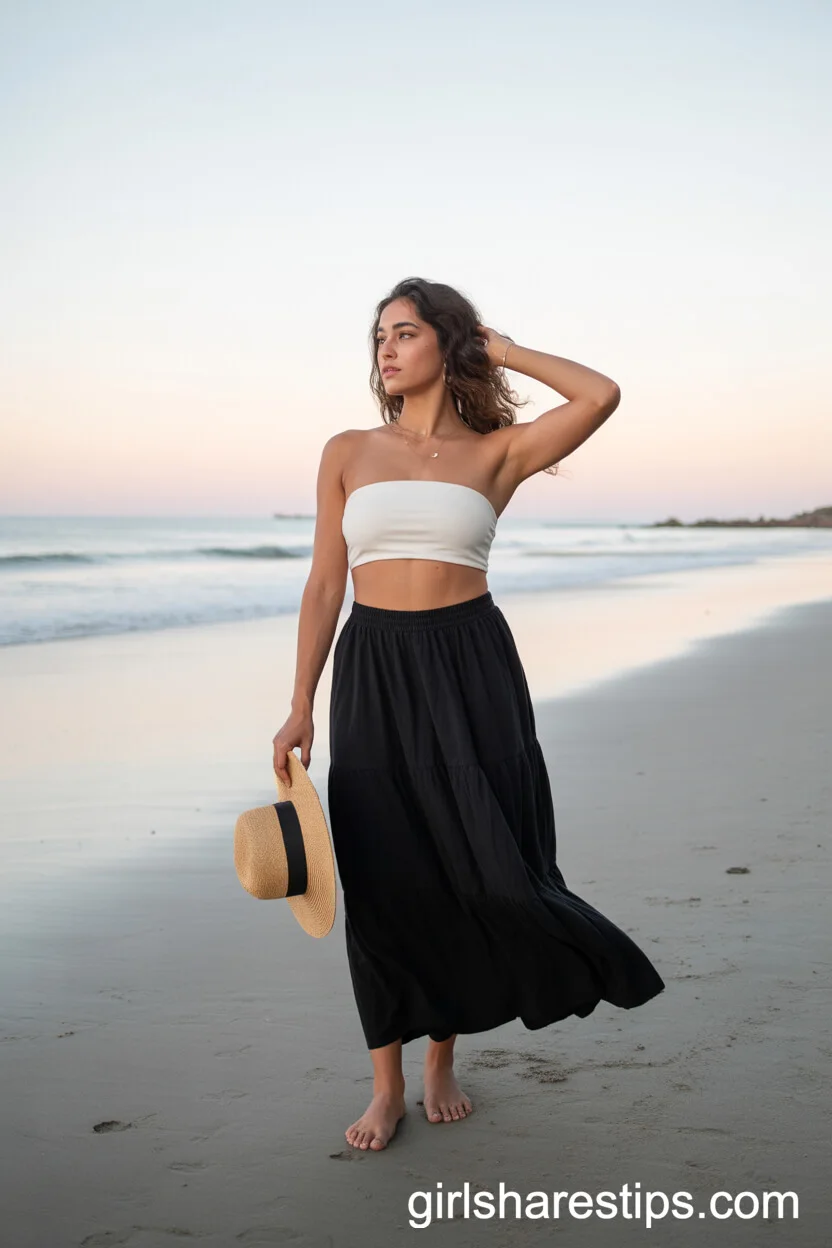 Beach Vibes: Bandeau Top and Flowing Black Maxi Skirt