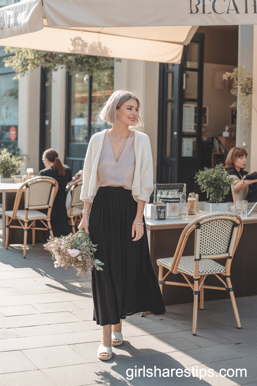 Pastel Blouse and Cardigan Layered with a Jersey Black Maxi Skirt
