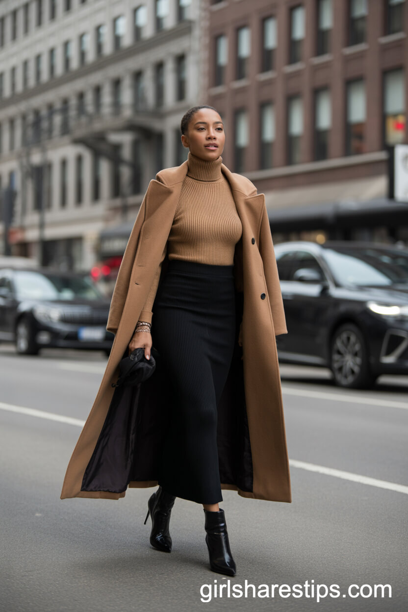 Winter Chic: Turtleneck Sweater and Long Coat with a Wool Maxi Skirt