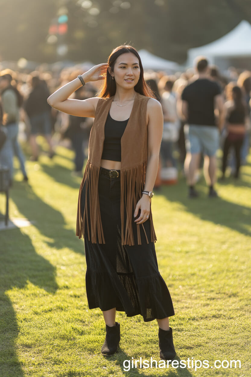 Boho Festival Style: Fringe Vest and Boots with a Black Maxi Skirt
