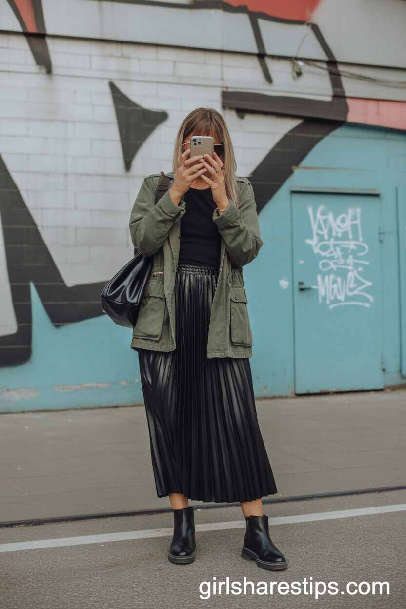 Urban Explorer: Utility Jacket and Boots with a Pleated Maxi Skirt
