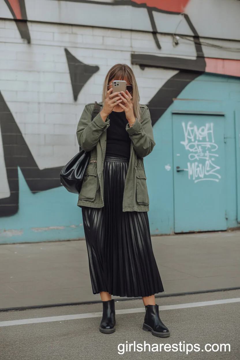 Urban Explorer: Utility Jacket and Boots with a Pleated Maxi Skirt