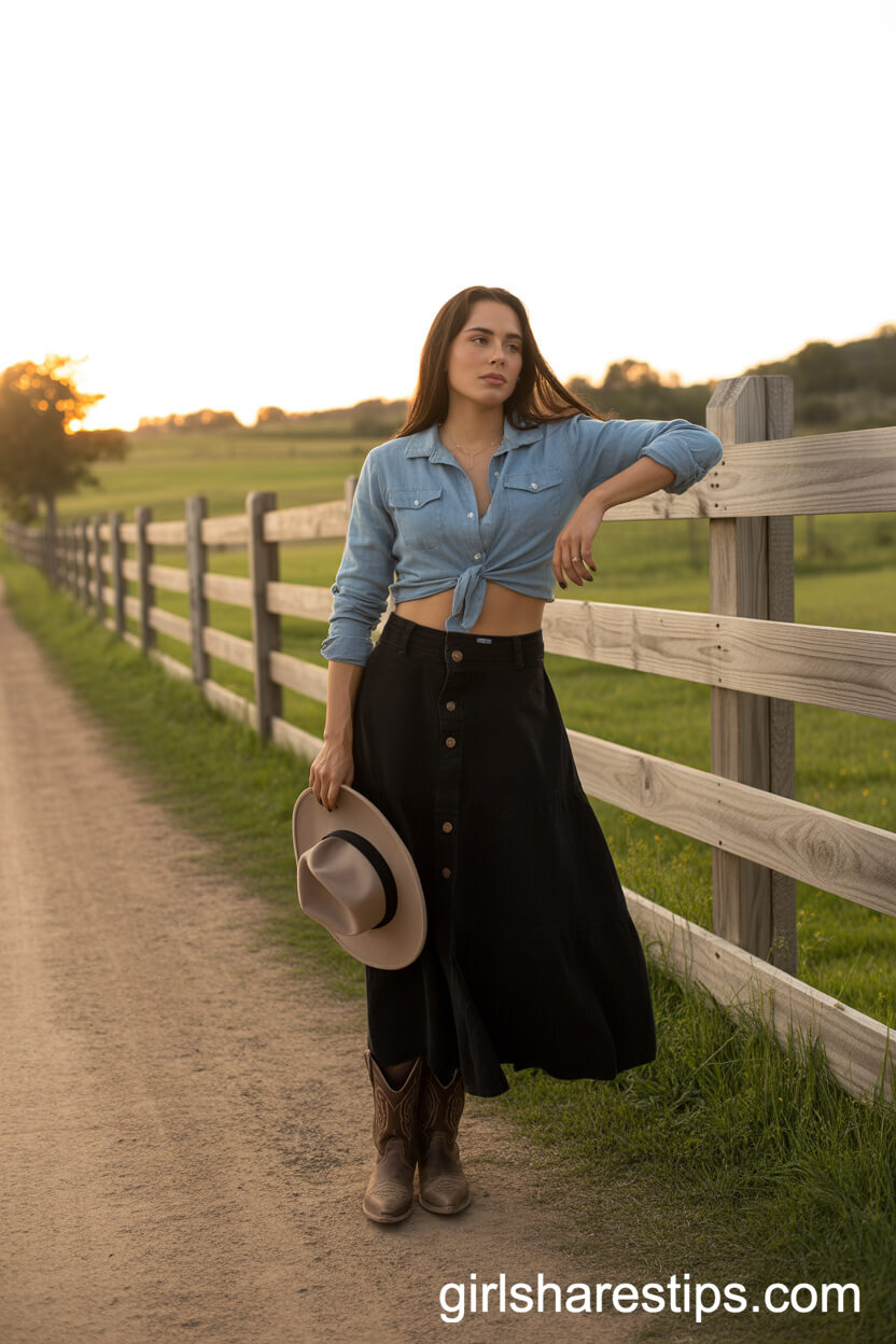 Country Flair: Chambray Shirt and Cowboy Boots with a Maxi Skirt