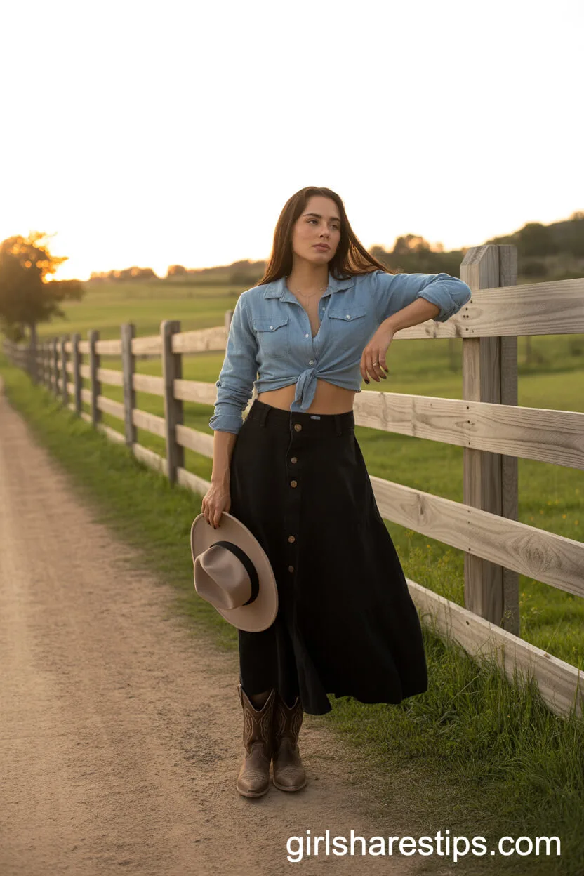 Country Flair: Chambray Shirt and Cowboy Boots with a Maxi Skirt