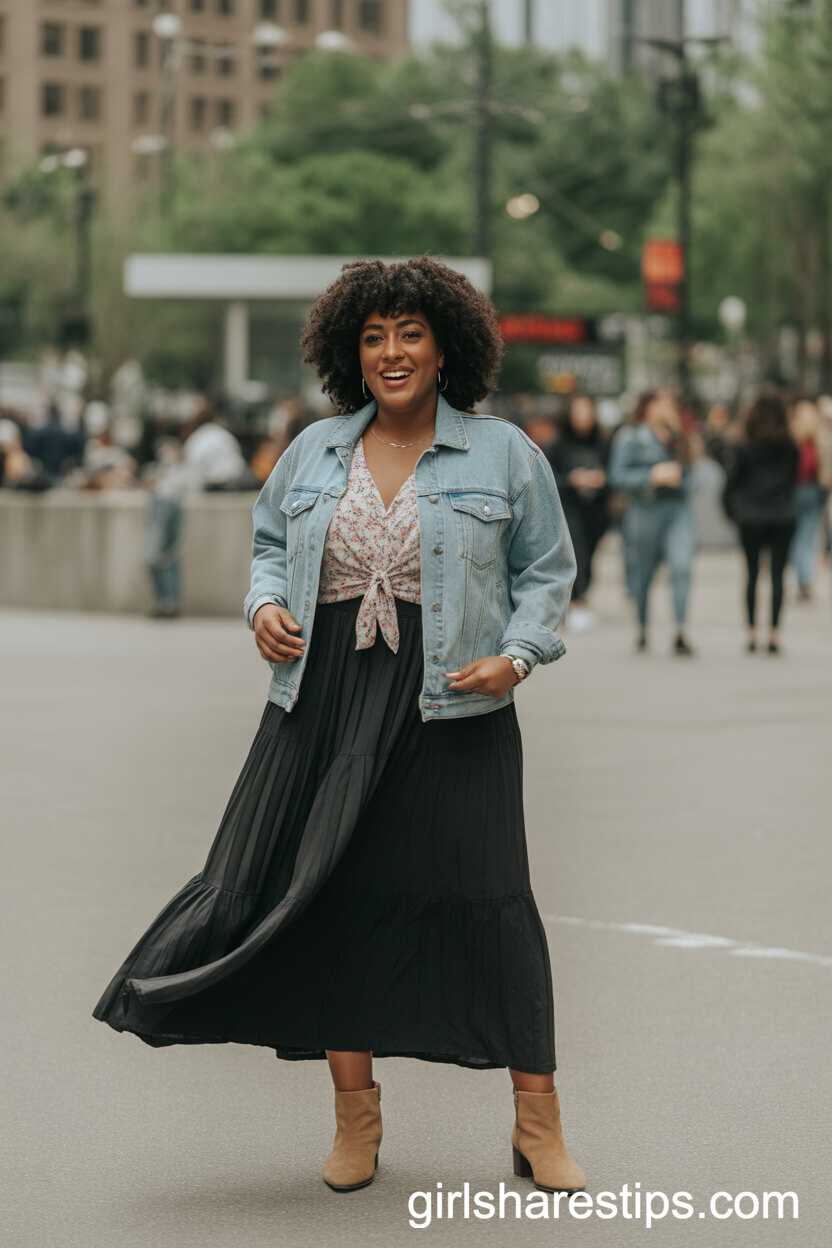 Floral Blouse and Denim Jacket Paired with a Black Maxi Skirt