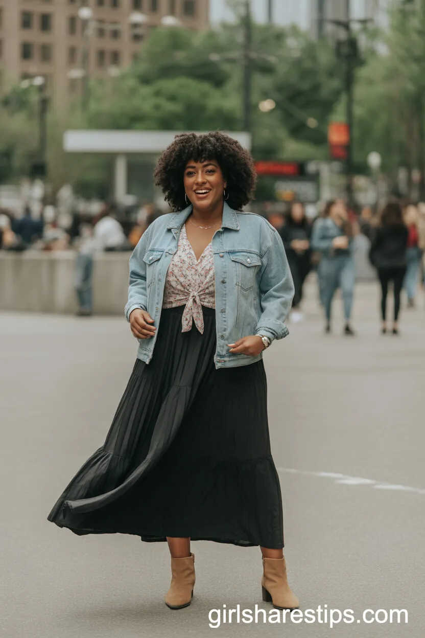 Floral Blouse and Denim Jacket Paired with a Black Maxi Skirt