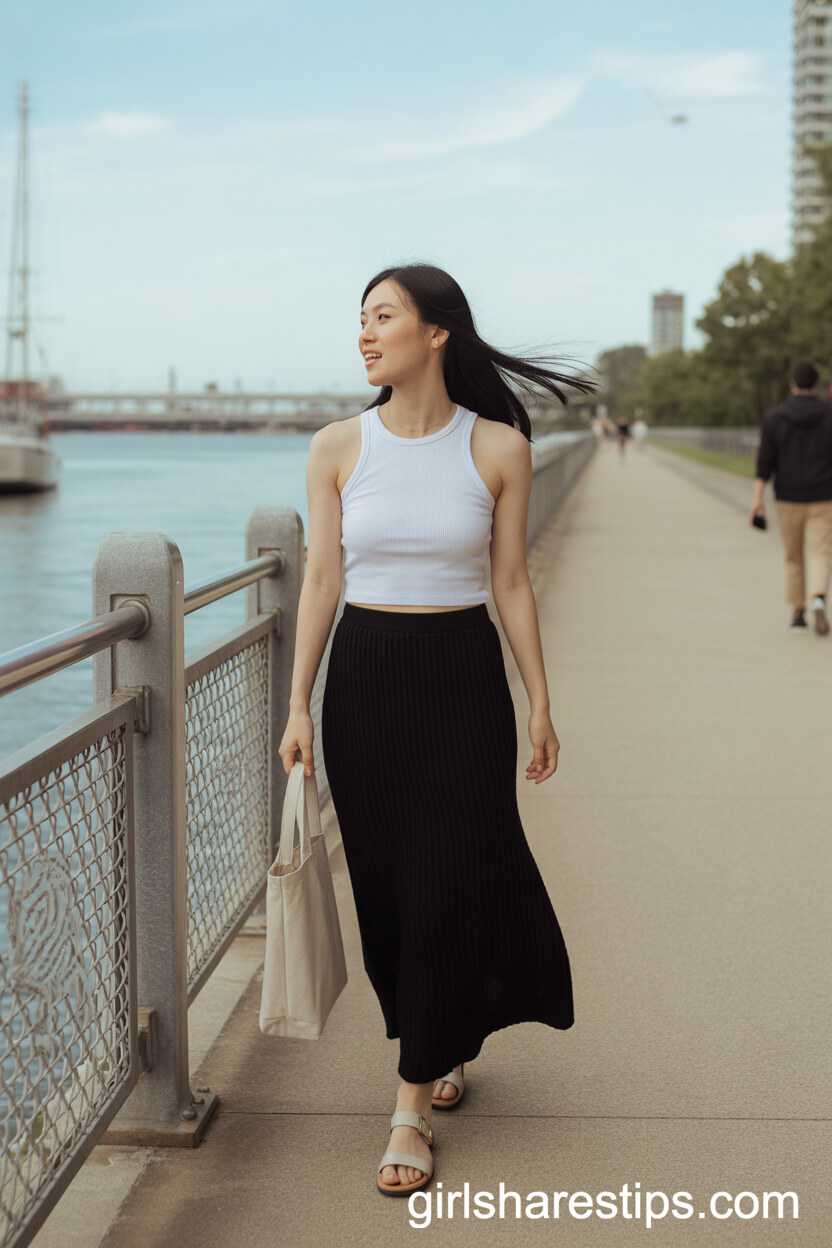 Clean Modern Style: Ribbed Tank and Knit Maxi Skirt for Waterfront Walks