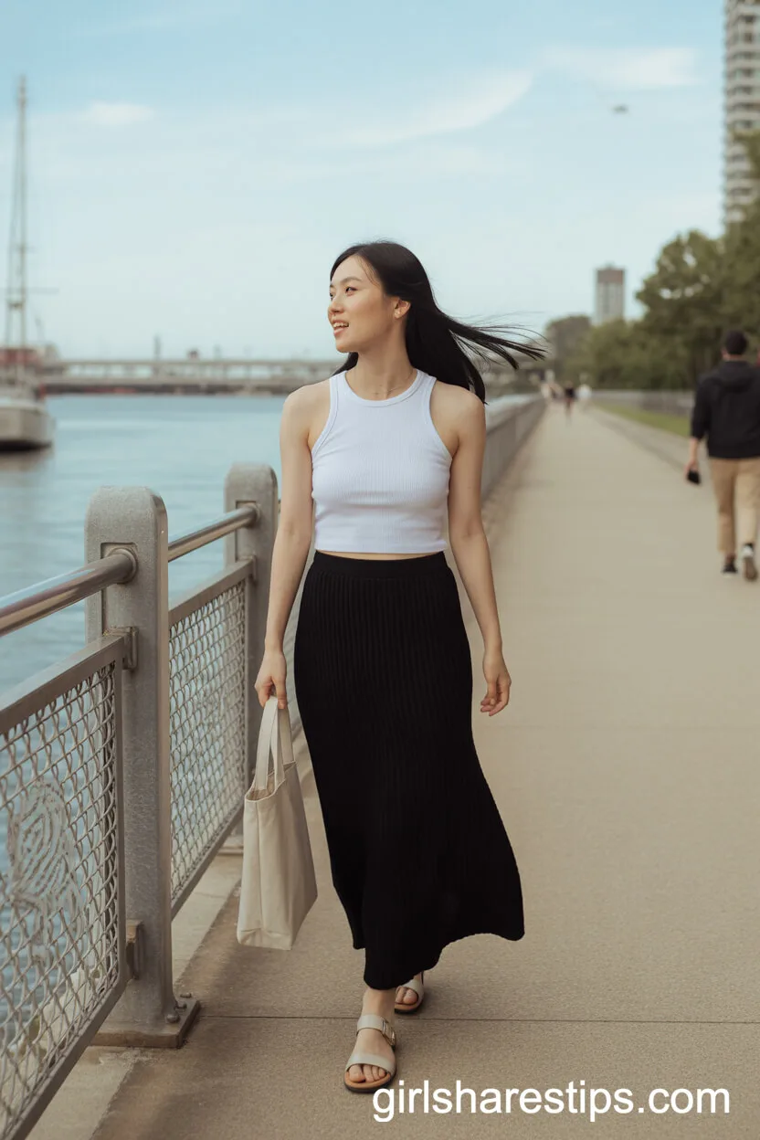 Clean Modern Style: Ribbed Tank and Knit Maxi Skirt for Waterfront Walks