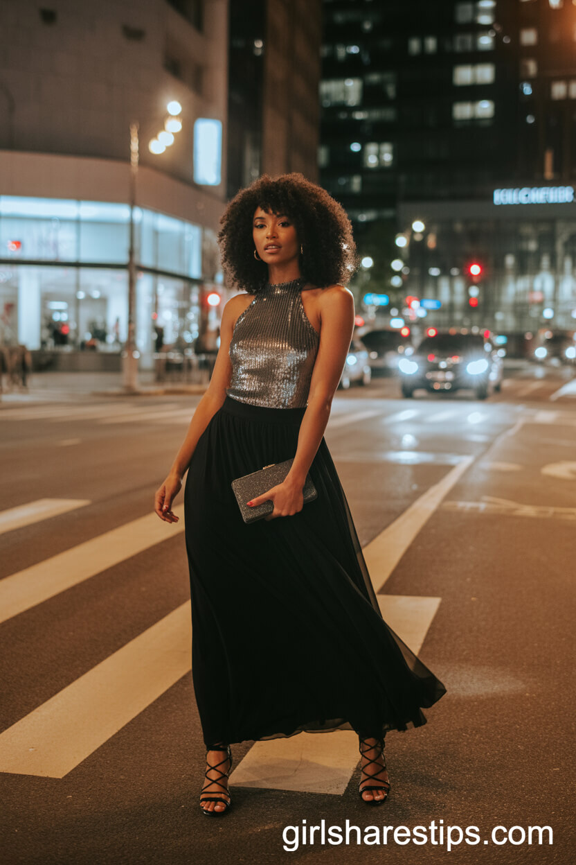 Glam Night Out: Sequin Top and Heels with a Chiffon Black Maxi Skirt